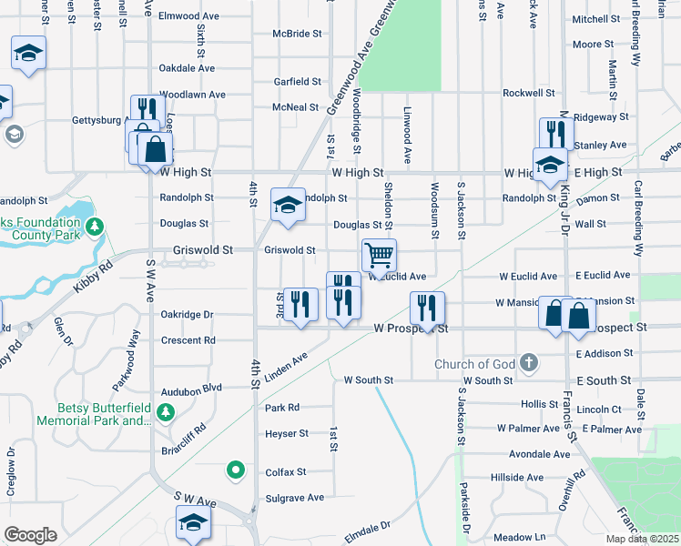 map of restaurants, bars, coffee shops, grocery stores, and more near 1612 Woodbridge Street in Jackson
