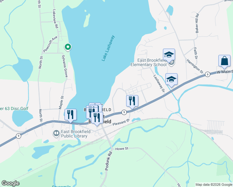 map of restaurants, bars, coffee shops, grocery stores, and more near 131 Gleason Avenue in East Brookfield