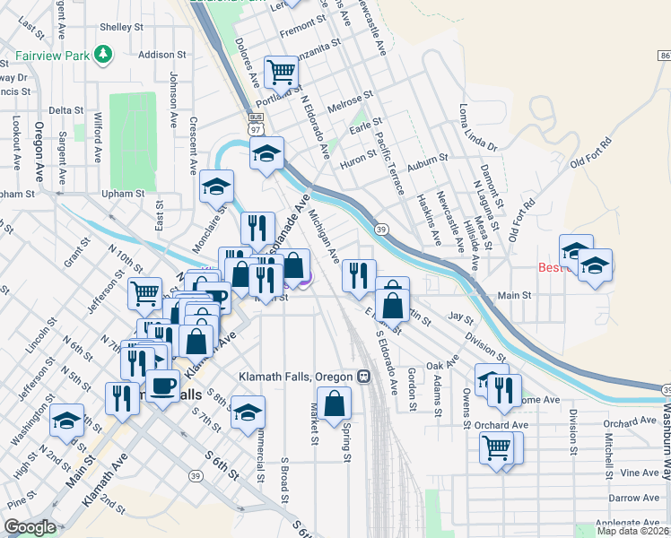 map of restaurants, bars, coffee shops, grocery stores, and more near 216 Michigan Avenue in Klamath Falls