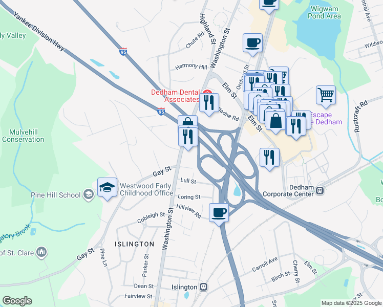 map of restaurants, bars, coffee shops, grocery stores, and more near 990 Washington Street in Dedham
