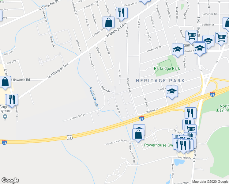 map of restaurants, bars, coffee shops, grocery stores, and more near 815 Monroe Street in Ypsilanti