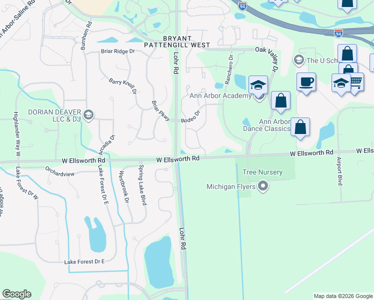 map of restaurants, bars, coffee shops, grocery stores, and more near 3950 Bridle Pass in Ann Arbor