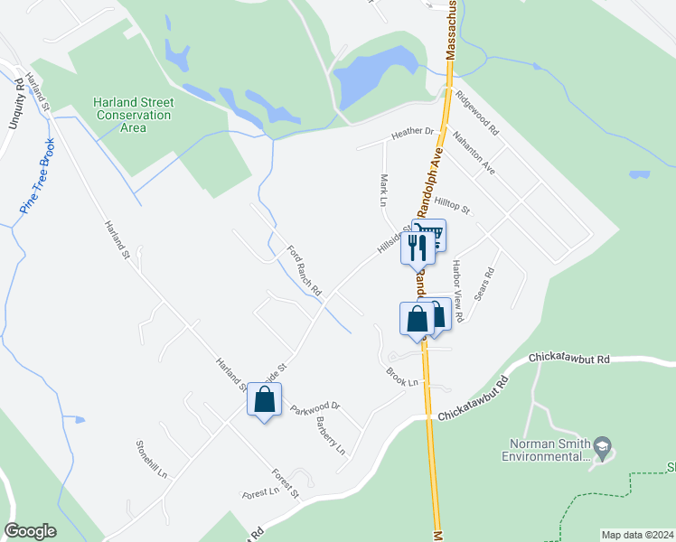 map of restaurants, bars, coffee shops, grocery stores, and more near 95 Hillside Street in Milton