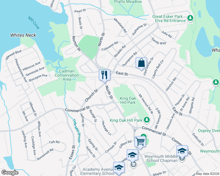 map of restaurants, bars, coffee shops, grocery stores, and more near 586 North Street in Weymouth
