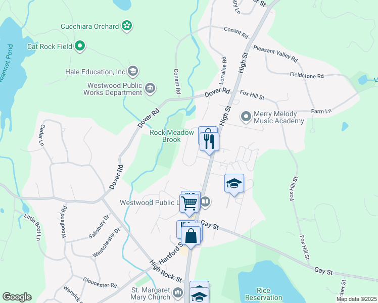 map of restaurants, bars, coffee shops, grocery stores, and more near 65 Birch Tree Drive in Westwood
