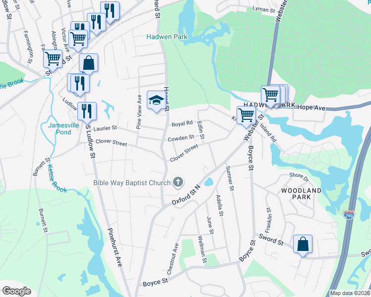 map of restaurants, bars, coffee shops, grocery stores, and more near 96 Clover Street in Worcester
