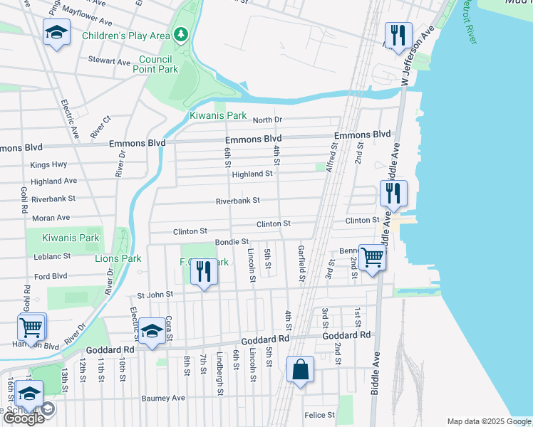map of restaurants, bars, coffee shops, grocery stores, and more near 435 Riverbank Street in Wyandotte