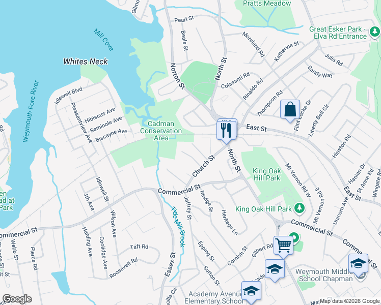map of restaurants, bars, coffee shops, grocery stores, and more near 29 Tick Tock Lane in Weymouth