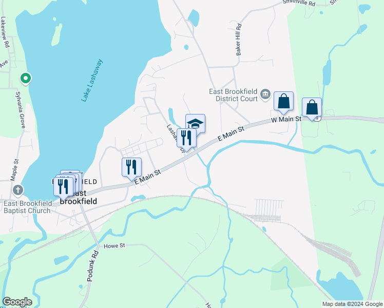 map of restaurants, bars, coffee shops, grocery stores, and more near 410 East Main Street in East Brookfield