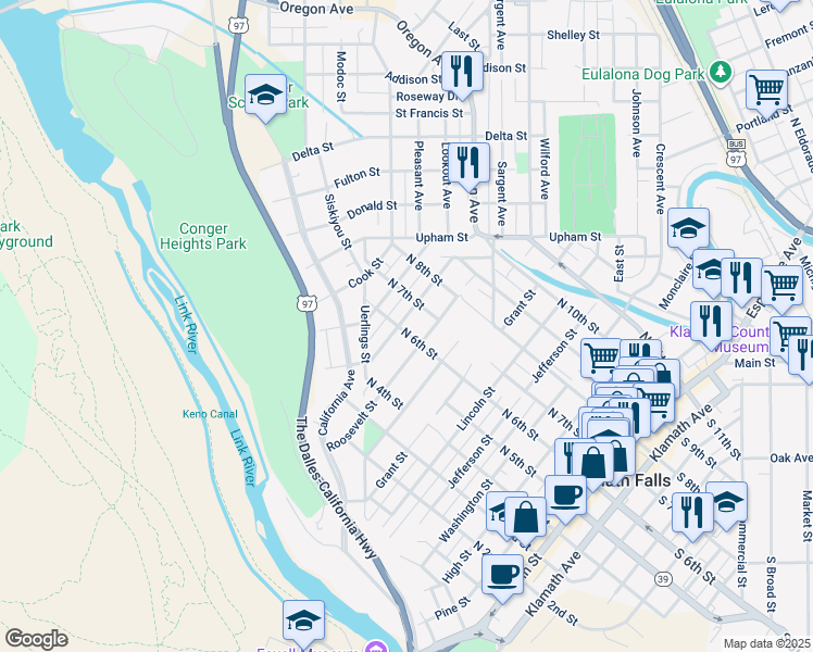 map of restaurants, bars, coffee shops, grocery stores, and more near 604 Mount Whitney Street in Klamath Falls