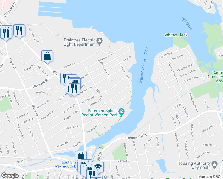 map of restaurants, bars, coffee shops, grocery stores, and more near 111 Arborway Drive in Braintree
