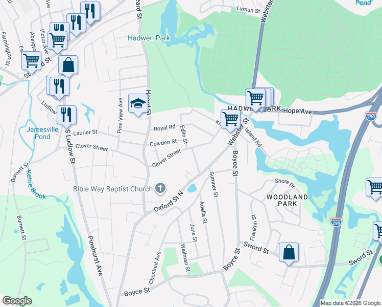map of restaurants, bars, coffee shops, grocery stores, and more near 77 Clover Street in Worcester