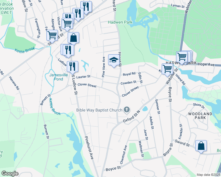 map of restaurants, bars, coffee shops, grocery stores, and more near 172 Clover Street in Worcester