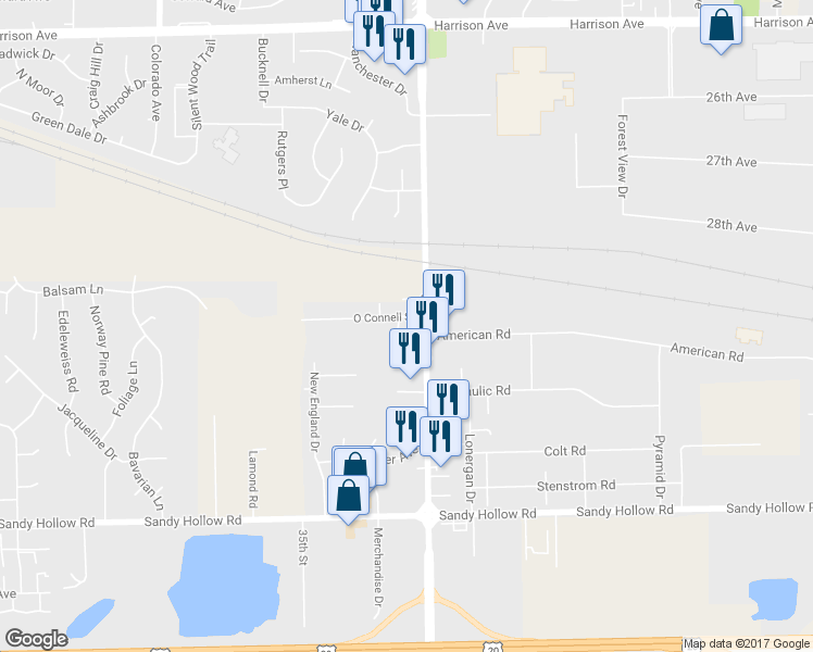 map of restaurants, bars, coffee shops, grocery stores, and more near 4415 O Connell Street in Rockford