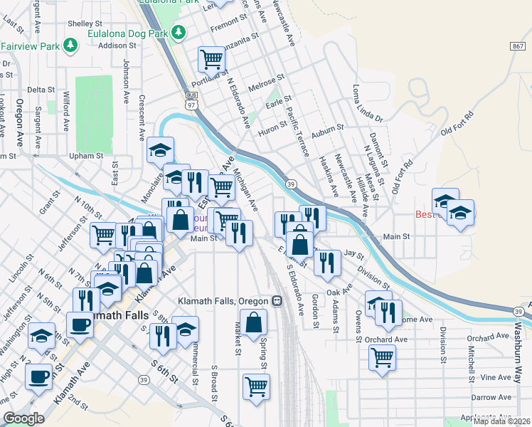 map of restaurants, bars, coffee shops, grocery stores, and more near 216 Michigan Avenue in Klamath Falls