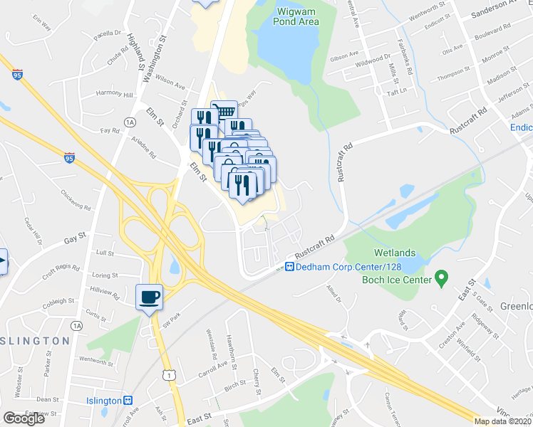 map of restaurants, bars, coffee shops, grocery stores, and more near 210 Elm Street in Dedham