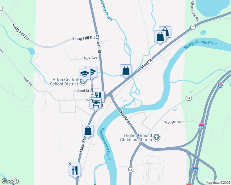 map of restaurants, bars, coffee shops, grocery stores, and more near 222 Main St in Afton