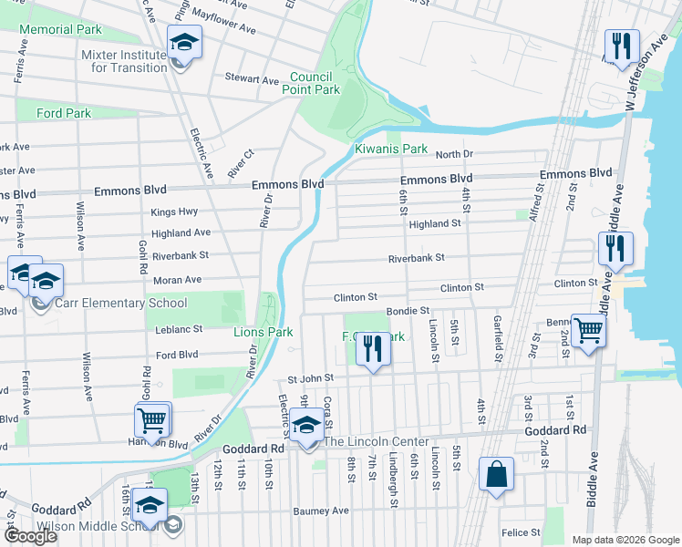 map of restaurants, bars, coffee shops, grocery stores, and more near 737 Riverbank Street in Wyandotte