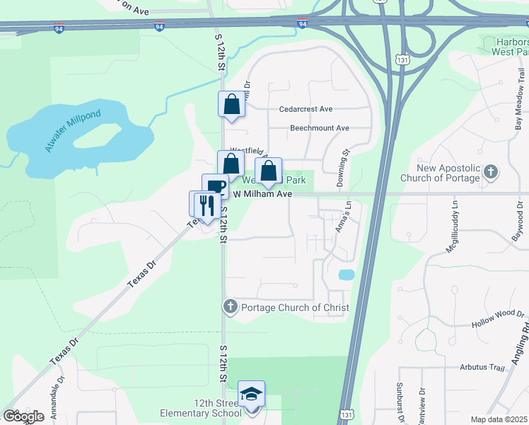 map of restaurants, bars, coffee shops, grocery stores, and more near 4707 West Milham Avenue in Portage
