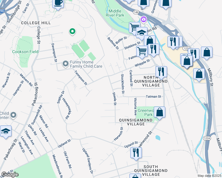 map of restaurants, bars, coffee shops, grocery stores, and more near 16 Steele Street in Worcester