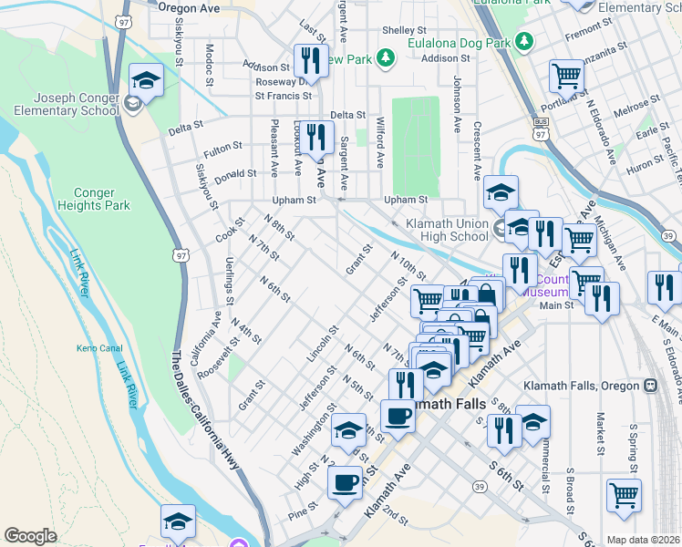 map of restaurants, bars, coffee shops, grocery stores, and more near 705 North 8th Street in Klamath Falls