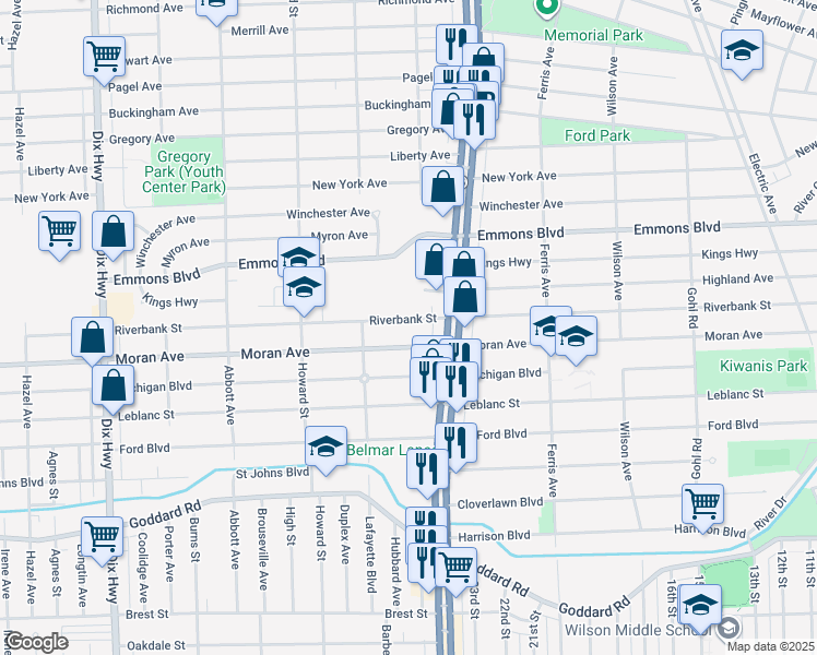 map of restaurants, bars, coffee shops, grocery stores, and more near 1375 Riverbank Street in Lincoln Park