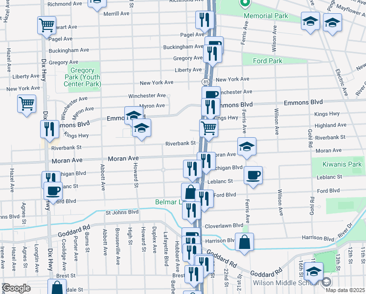 map of restaurants, bars, coffee shops, grocery stores, and more near 1375 Riverbank Street in Lincoln Park