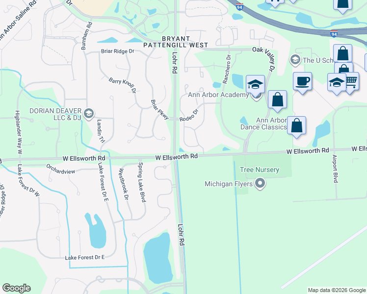 map of restaurants, bars, coffee shops, grocery stores, and more near 3950 Bridle Pass in Ann Arbor