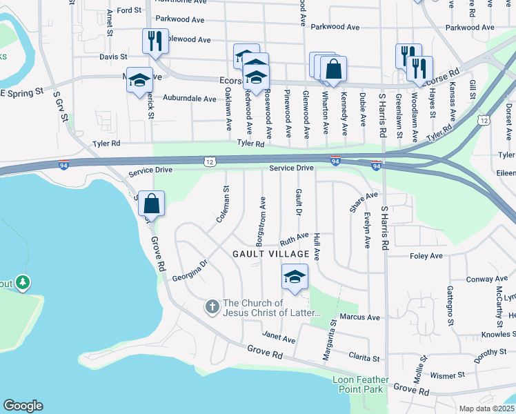 map of restaurants, bars, coffee shops, grocery stores, and more near 1104 Borgstrom Avenue in Ypsilanti