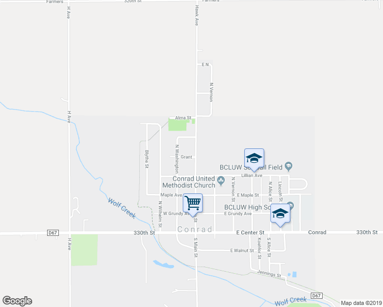 map of restaurants, bars, coffee shops, grocery stores, and more near 501 North Main Street in Conrad