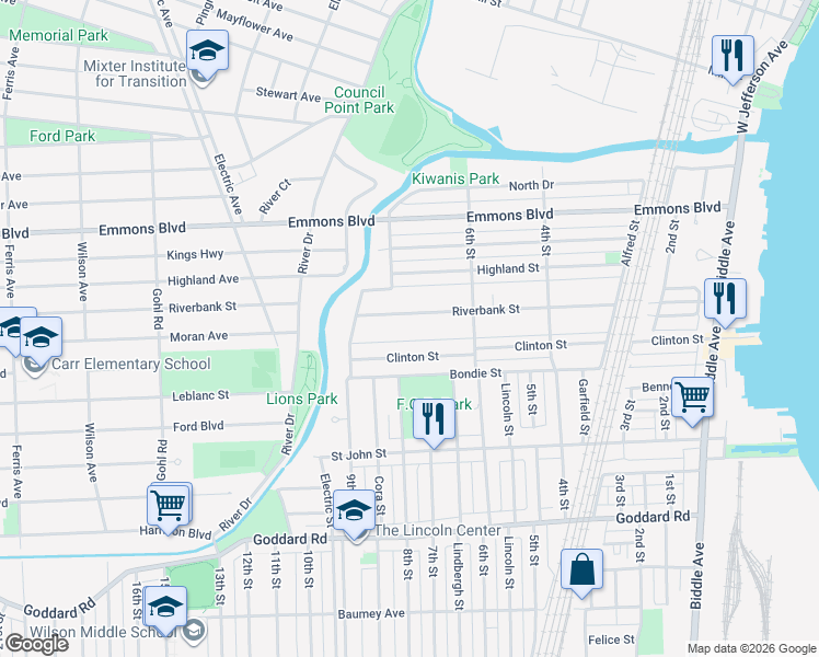 map of restaurants, bars, coffee shops, grocery stores, and more near 737 Riverbank Street in Wyandotte