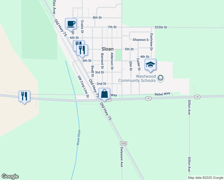 map of restaurants, bars, coffee shops, grocery stores, and more near 106 Alderson Street in Sloan