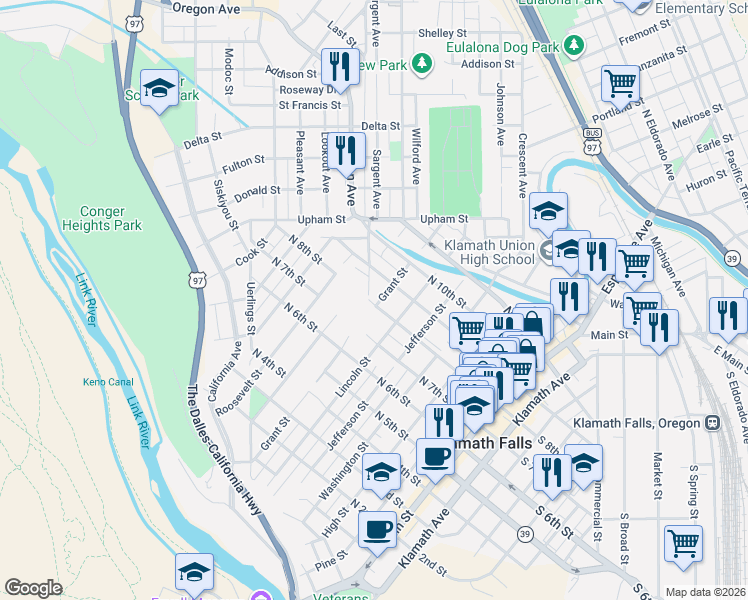 map of restaurants, bars, coffee shops, grocery stores, and more near 705 North 8th Street in Klamath Falls