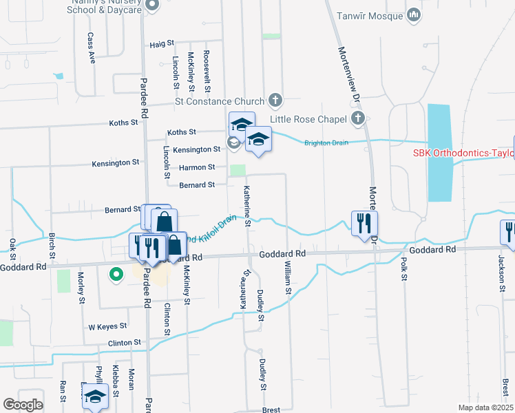 map of restaurants, bars, coffee shops, grocery stores, and more near 10733 Katherine Street in Taylor