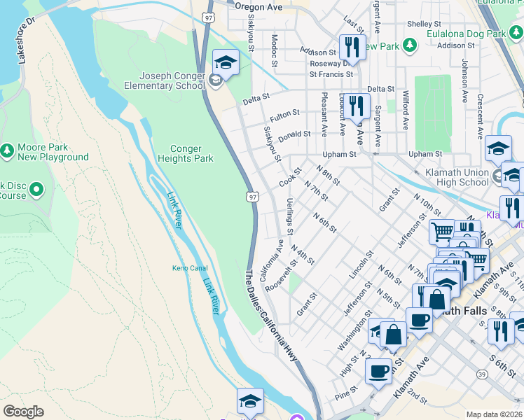 map of restaurants, bars, coffee shops, grocery stores, and more near 225 Doty Street in Klamath Falls