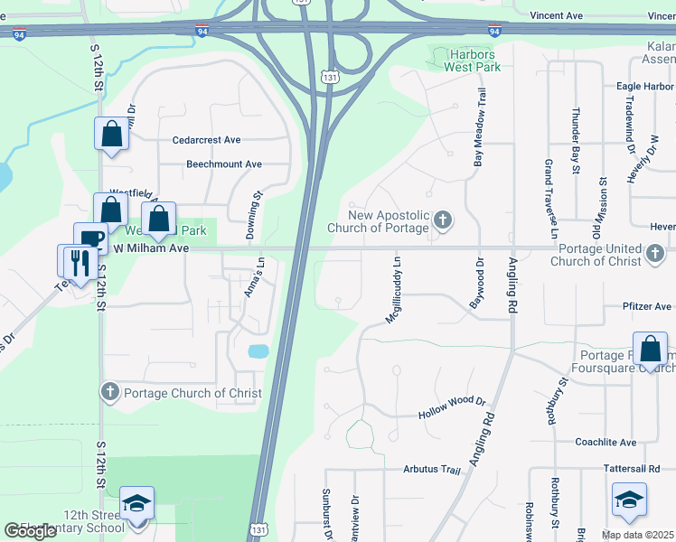 map of restaurants, bars, coffee shops, grocery stores, and more near 3951 West Milham Avenue in Portage