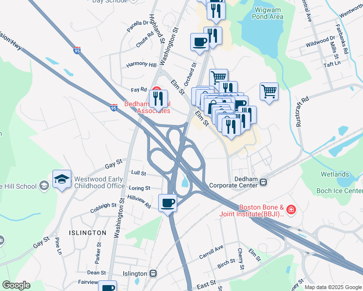 map of restaurants, bars, coffee shops, grocery stores, and more near U.S. Route 1 in Dedham