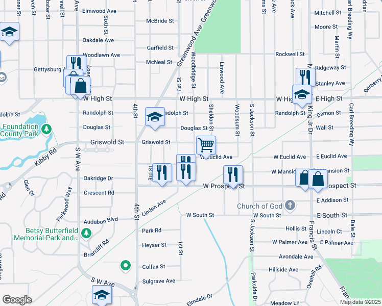 map of restaurants, bars, coffee shops, grocery stores, and more near 1612 Woodbridge Street in Jackson