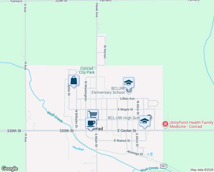 map of restaurants, bars, coffee shops, grocery stores, and more near in Conrad
