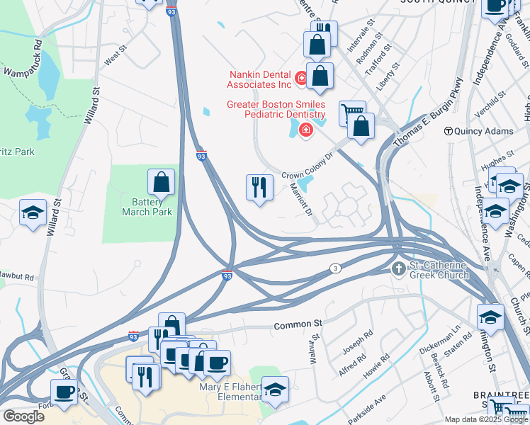 map of restaurants, bars, coffee shops, grocery stores, and more near 1000 Marriott Drive in Quincy