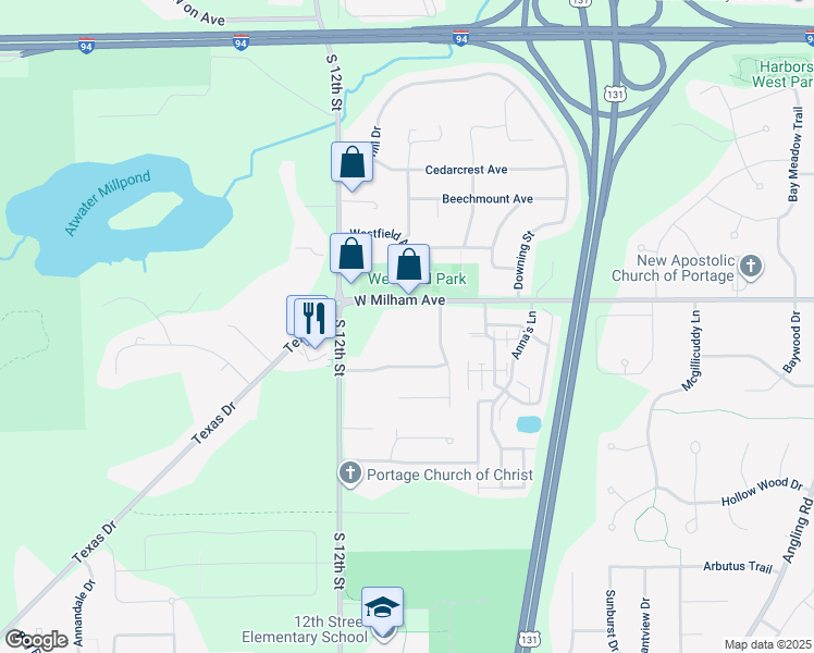 map of restaurants, bars, coffee shops, grocery stores, and more near 4707 West Milham Avenue in Portage