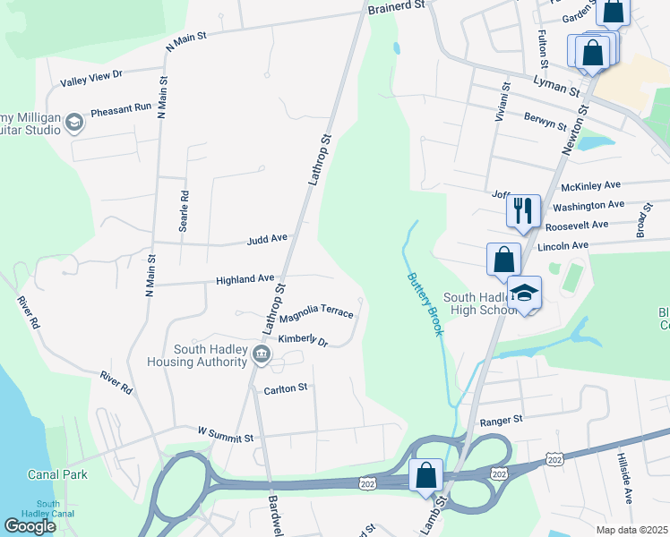 map of restaurants, bars, coffee shops, grocery stores, and more near 8 Scott Hollow in South Hadley