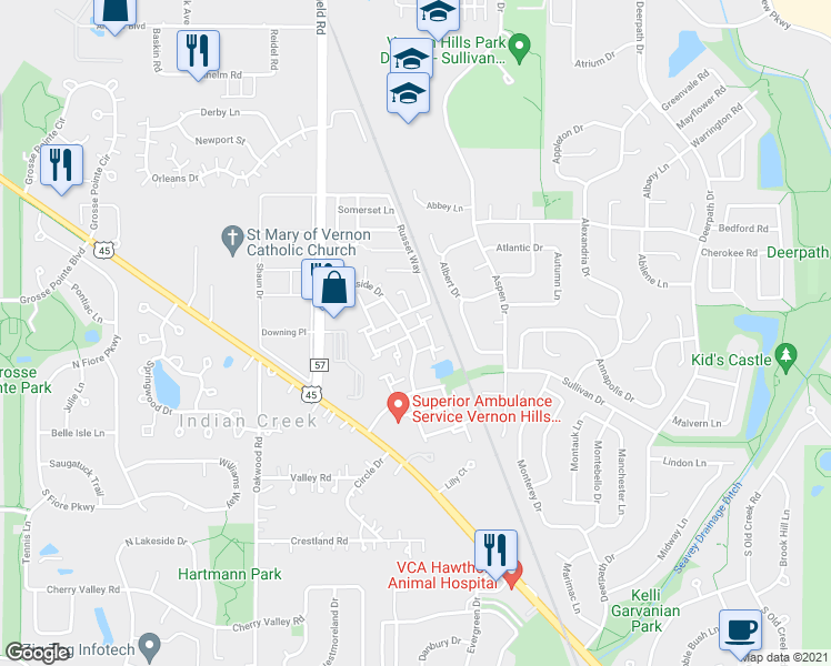 map of restaurants, bars, coffee shops, grocery stores, and more near 331 Westwood Court in Vernon Hills