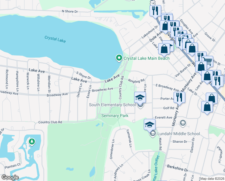 map of restaurants, bars, coffee shops, grocery stores, and more near 671 Broadway Avenue in Crystal Lake