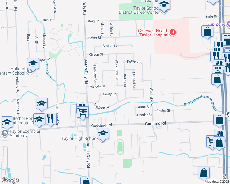 map of restaurants, bars, coffee shops, grocery stores, and more near 25556 Rusty Street in Taylor