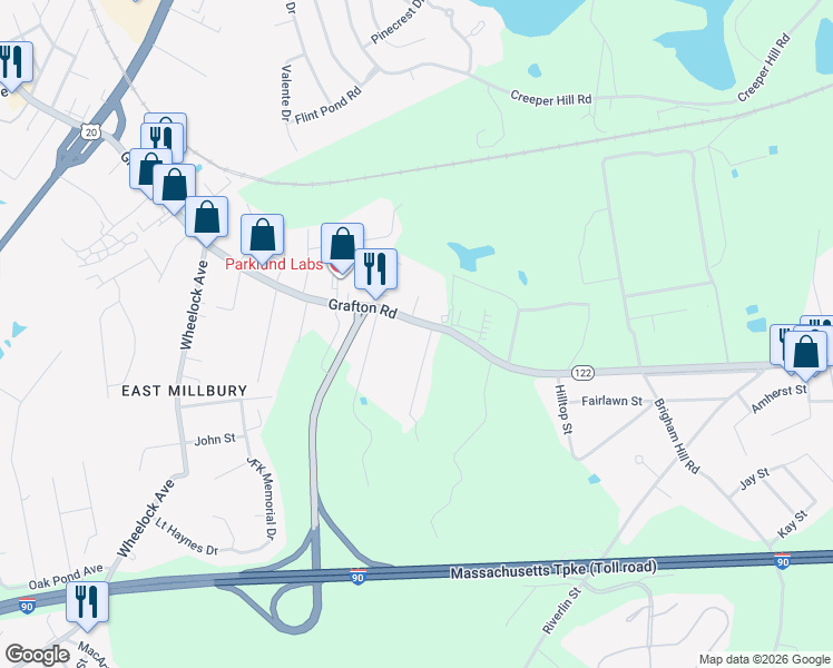 map of restaurants, bars, coffee shops, grocery stores, and more near 1526 Grafton Road in Millbury