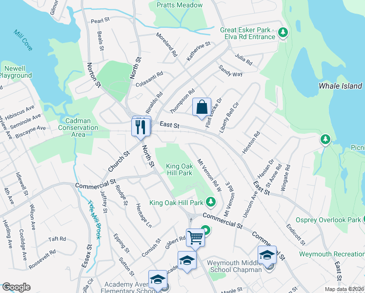 map of restaurants, bars, coffee shops, grocery stores, and more near 20 Eden Street in Weymouth