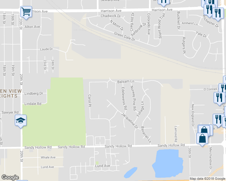 map of restaurants, bars, coffee shops, grocery stores, and more near 2803 Balsam Court in Rockford