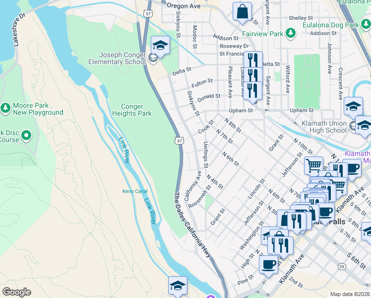 map of restaurants, bars, coffee shops, grocery stores, and more near 225 Doty Street in Klamath Falls