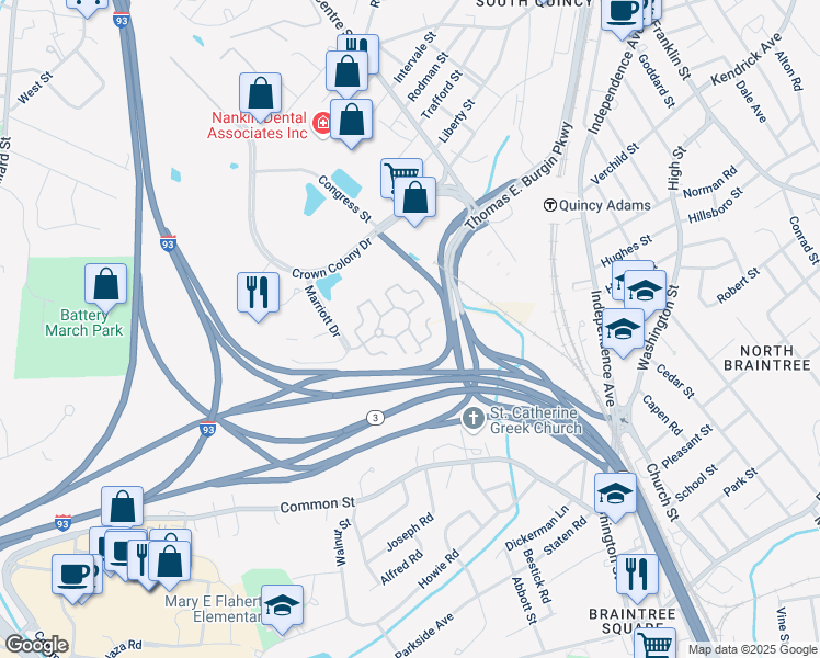 map of restaurants, bars, coffee shops, grocery stores, and more near 7 Crown Drive in Quincy
